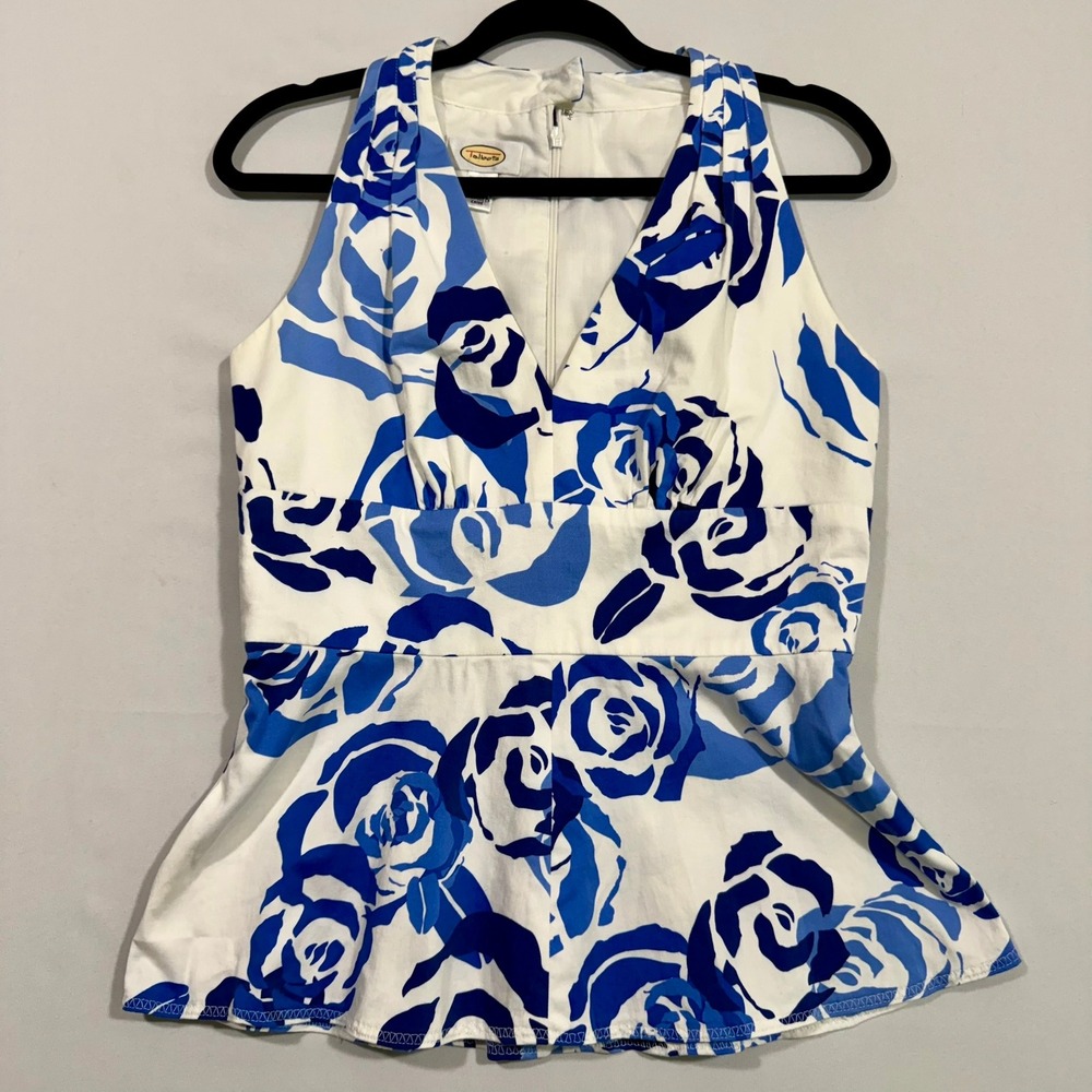 Talbots Top 6 Womens Blue White Rose Floral Peplum Halter Blouse Coastal Preppy
